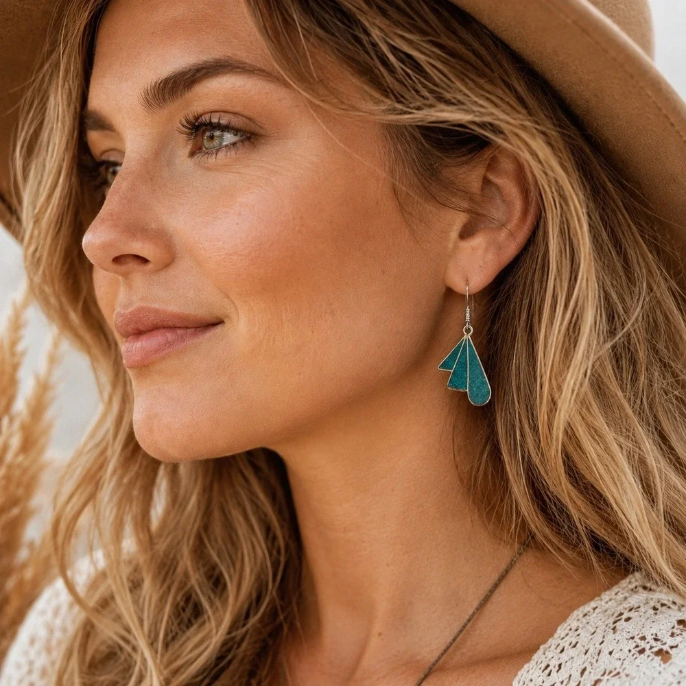 Tibetan Handmade Dangle Turquoise Earrings Silvertone Boho Ethnic Southwestern